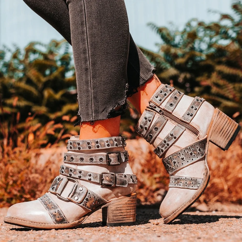 freebird Cream and Gray Studded Leather Ankle Booties - Picture 7 of 7